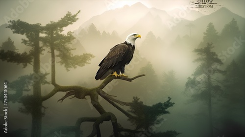 Bald Eagle on a branch in the forest. Vector illustration. photo