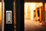 Keypad door lock at residential building entrance