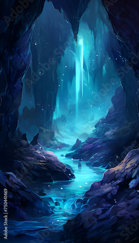 Fantasy landscape with a cave and a waterfall. 3d illustration