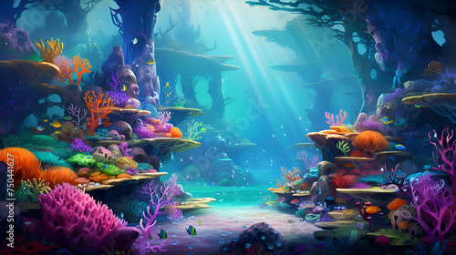 Underwater world with corals and tropical fish. 3D rendering