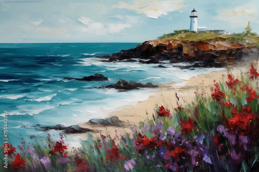 Digital painting of a coastal landscape with a lighthouse, flowers and waves.