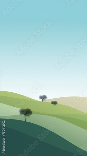 Green hills and trees on a blue sky background. Vector illustration.