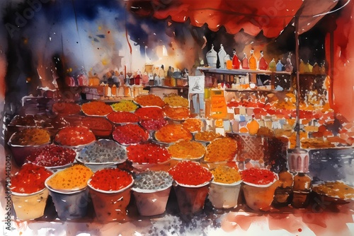 Colorful spices at the market in India. Watercolor painting. photo