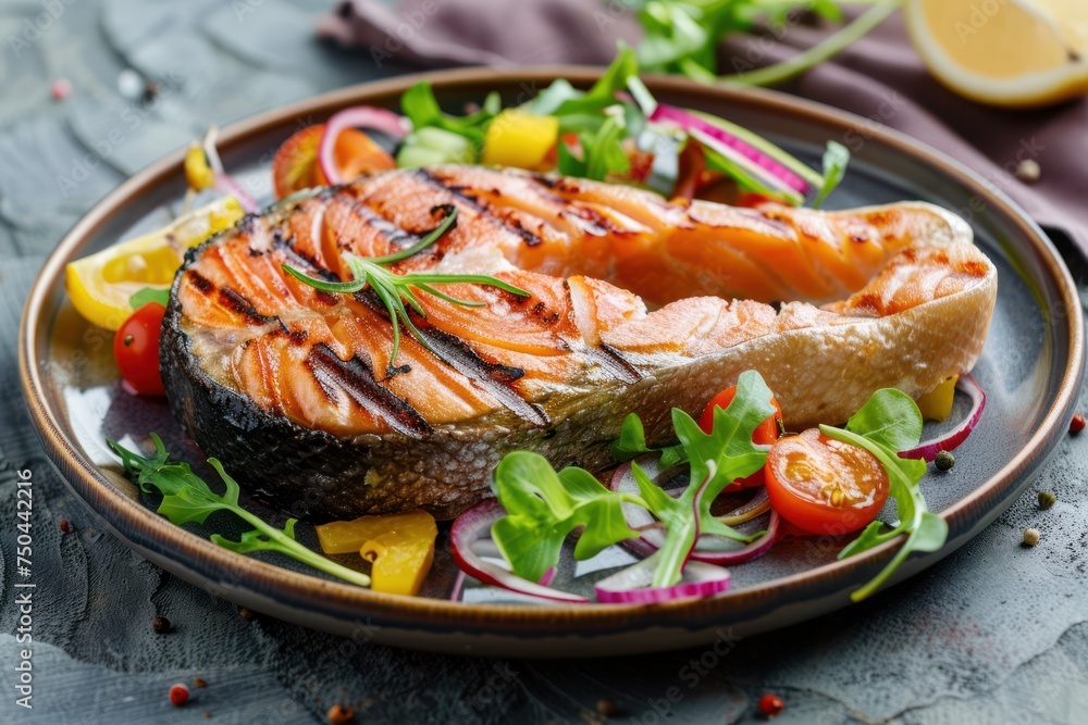 Grilled fish salmon steak with vegetables salad on ceramic plate on rustic stone background angle view, balanced diet or healthy nutrition salad meal with salmon and veggies, space for text Grilled fish salmon steak with vegetables salad on ceramic plate on rustic stone background angle view, balanced diet or healthy nutrition salad meal with salmon and veggies, space for text