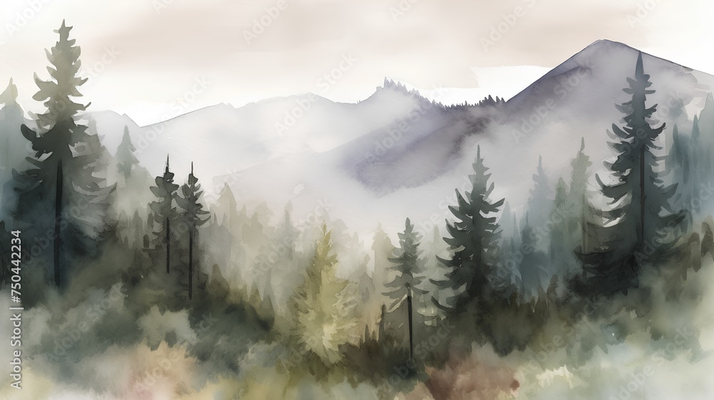 Watercolor mountain landscape with pine trees and fog. Digital art painting.