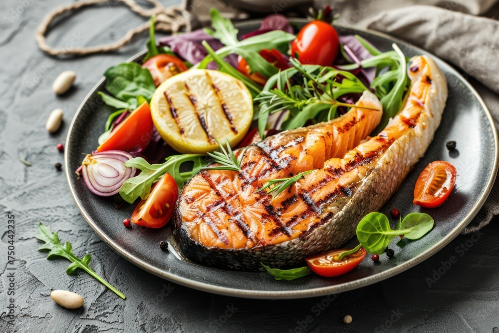 Grilled fish salmon steak with vegetables salad on ceramic plate on rustic stone background angle view, balanced diet or healthy nutrition salad meal with salmon and veggies, space for text Grilled fish salmon steak with vegetables salad on ceramic plate on rustic stone background angle view, balanced diet or healthy nutrition salad meal with salmon and veggies, space for text
