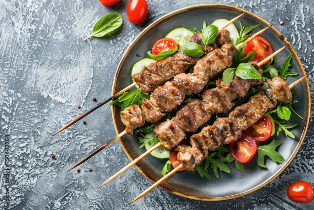 Grilled skewer meat beef kebabs on sticks served with fresh vegetables salad on plate on rustic concrete background from above. Traditional Middle Eastern and Turkish dish Kebab 