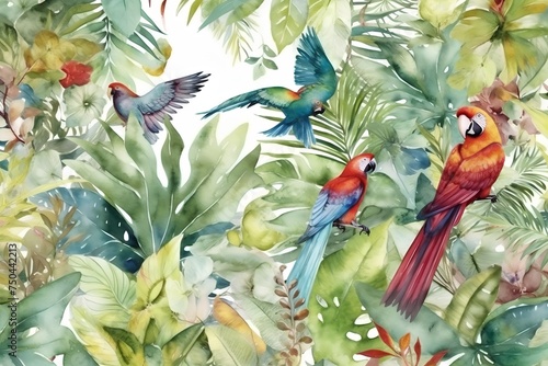 Beautiful vector image with nice watercolor parrots and tropical leaves © Ai