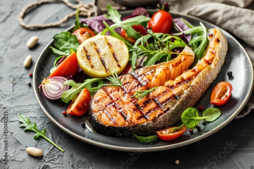 Grilled fish salmon steak with vegetables salad on ceramic plate on rustic stone background angle view, balanced diet or healthy nutrition salad meal with salmon and veggies, space for text