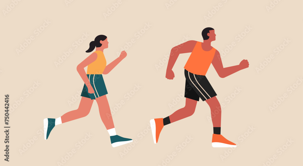 Man and Woman Running Together, Healthy Lifestyle Exercise Concept, Vector Flat Illustration Design