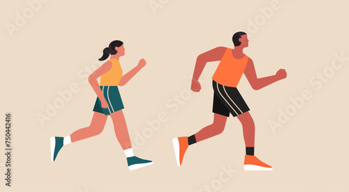 Man and Woman Running Together, Healthy Lifestyle Exercise Concept, Vector Flat Illustration Design