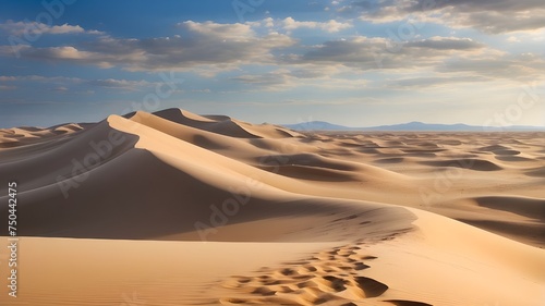 sand dunes in the desert  A vast expanse of golden sand stretches endlessly before you  the dune rising and falling in mesmerizing patterns.