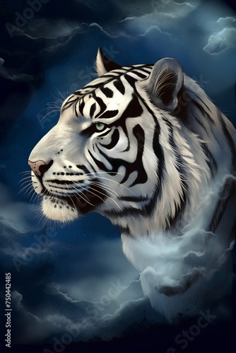 White tiger in a dark sky with clouds. 3D illustration.