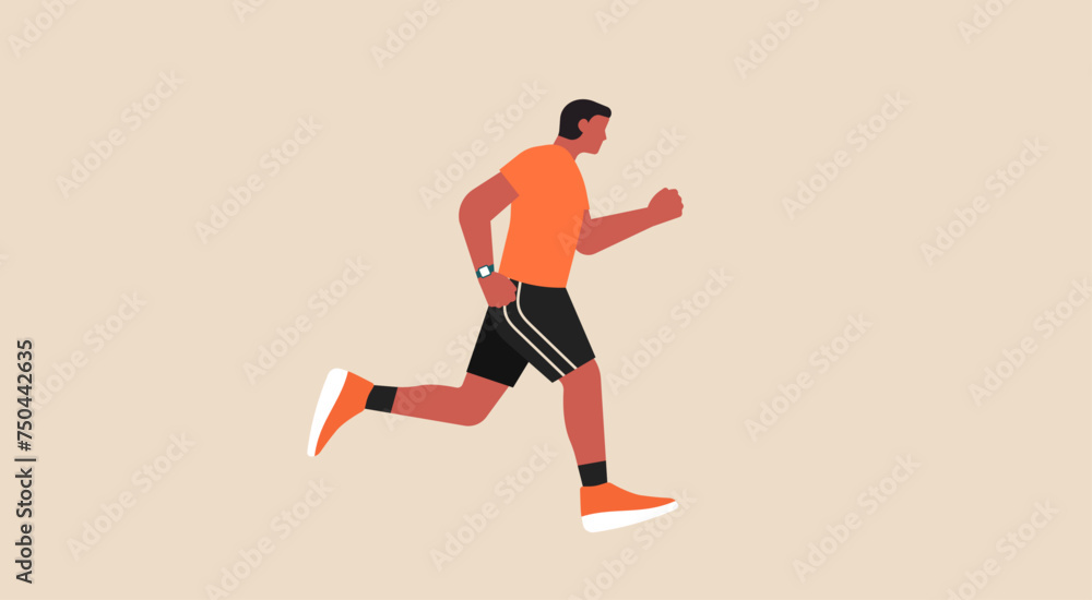 Energetic Man Running, Healthy Lifestyle Exercise Concept, Vector Flat Illustration Design