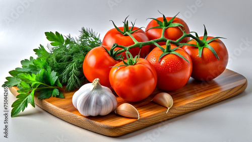 greens, tomatoes, garlic on a board