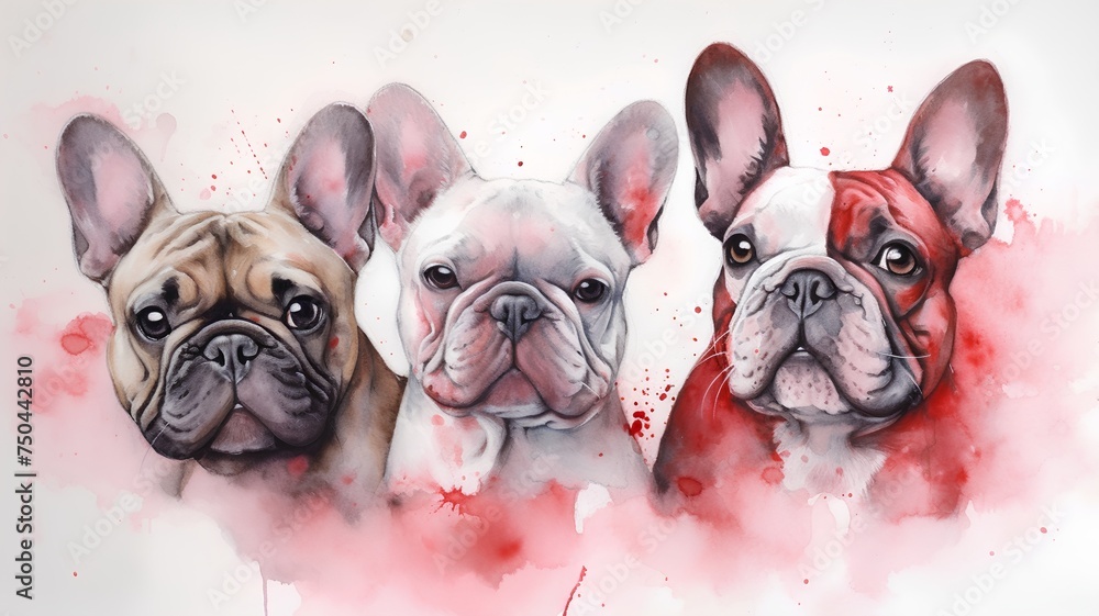 Watercolor portrait of french bulldog dogs. Hand drawn illustration.