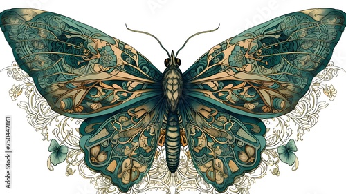 Butterfly with ornate ornament. Hand drawn vector illustration.