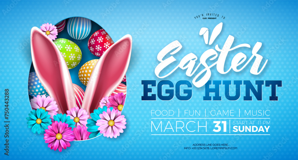 Easter Egg Hunt Illustration with painted eggs and flowers on nature blue background. Vector Spring holiday Party Flyer celebration poster design template for banner, invitation or greeting card.