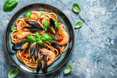 Italian seafood pasta spaghetti with mussels, shrimps, clams in tomato sauce with green basil on plate on rustic blue concrete background overhead. 