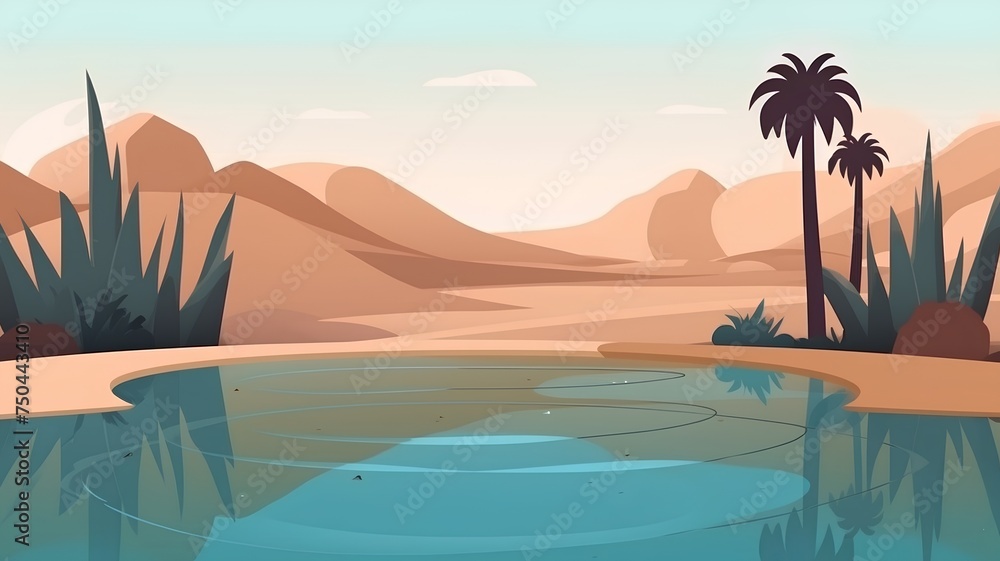 Illustration of a beautiful desert landscape with a lake and palm trees