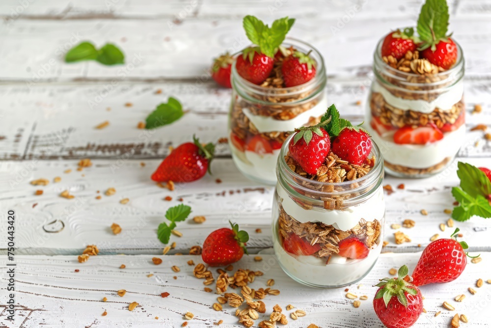 Parfait with Strawberries, Yoghurt and Granola in Transparent Glass Mason Jars on White Rustic Wooden Background Parfait with Strawberries, Yoghurt and Granola in Transparent Glass Mason Jars on White Rustic Wooden Background