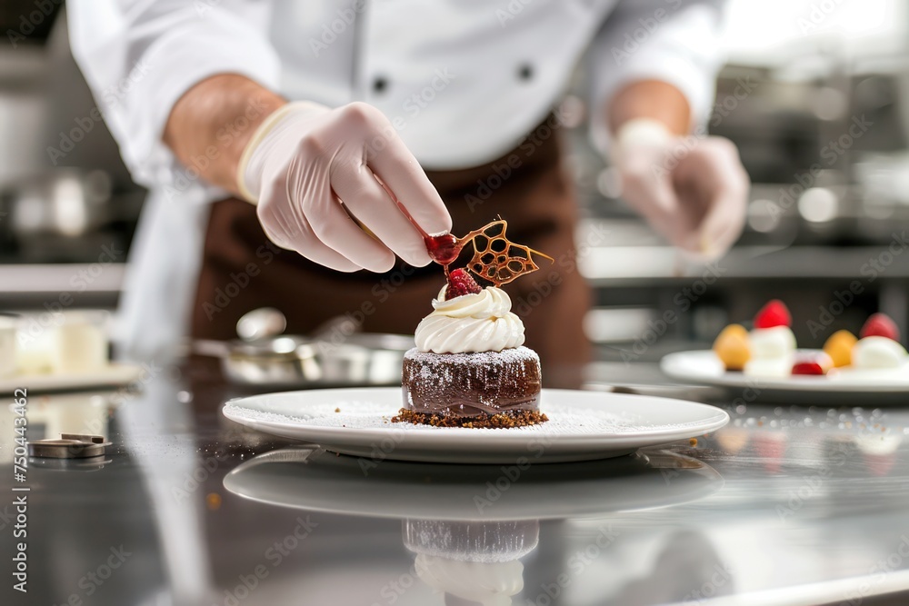 Pastry chef is completing a dessert in a hotel or restaurant kitchen.