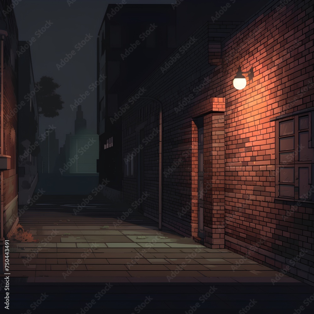 Street with brick houses and lanterns at night. Vector illustration.