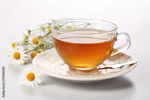 cup of chamomile tea with chamomile flowers