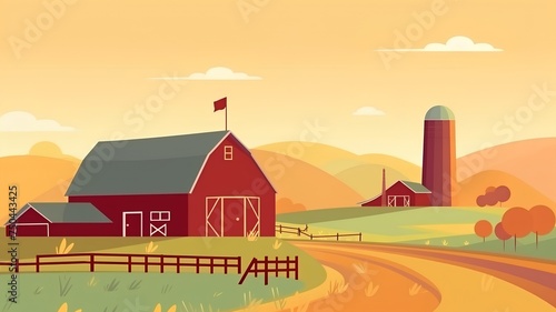 Farm landscape with red barn and farm house, vector cartoon illustration.