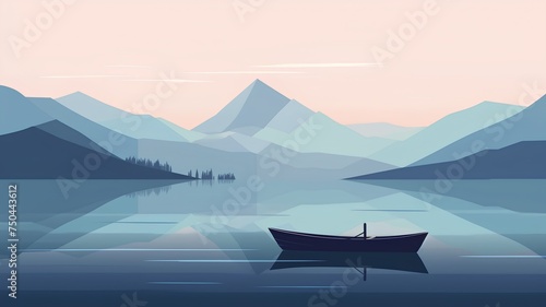 Mountain landscape with a boat on the lake. Vector illustration. © Ai