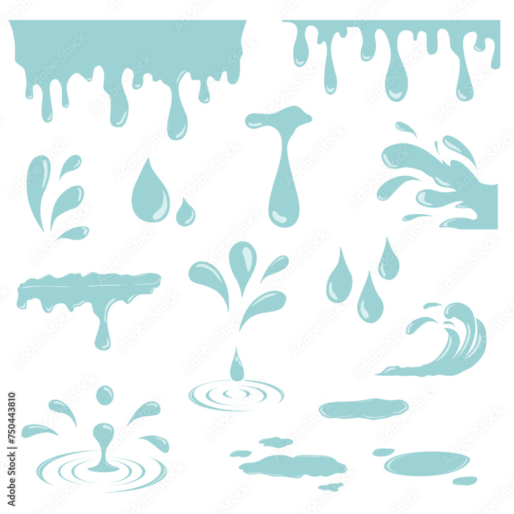Water set editable light blue color.Drops, tears, nature splash elements. Raindrop or sweat, wet droplets of dew shapes isolated. Aqua vector icons isolated. Water set editable light blue color.Drops, tears, nature splash elements. Raindrop or sweat, wet droplets of dew shapes isolated. Aqua vector icons isolated.