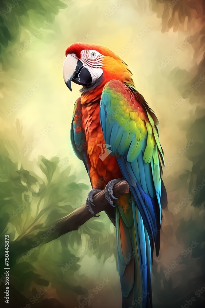 Colorful macaw parrot sitting on a branch. Illustration