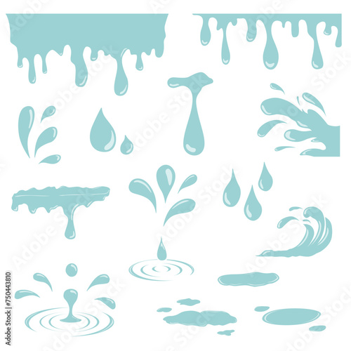 Water set editable light blue color.Drops, tears, nature splash elements. Raindrop or sweat, wet droplets of dew shapes isolated. Aqua vector icons isolated.