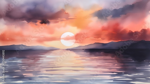 Sunset over the lake. Hand-drawn watercolor illustration. © Ai