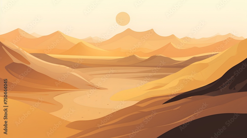 Desert landscape with mountains and sun. Vector illustration in flat style