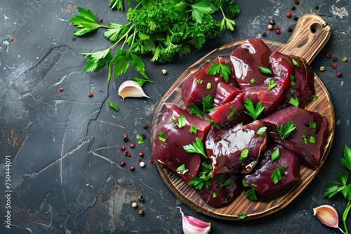 Raw chicken liver on wooden cutting board top view on dark rustic concrete background kitchen table with parsley and garlic. 