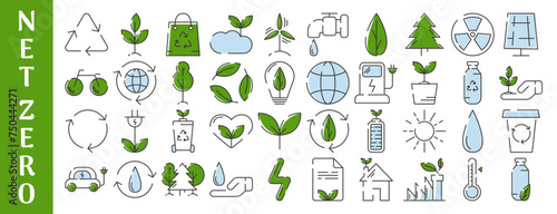 Ecology, line icons design, round form. Ecology environment improvement, sustainability, recycle, renewable energy, nature. Eco friendly vector illustration. Concept of net zero emissions by 2050.