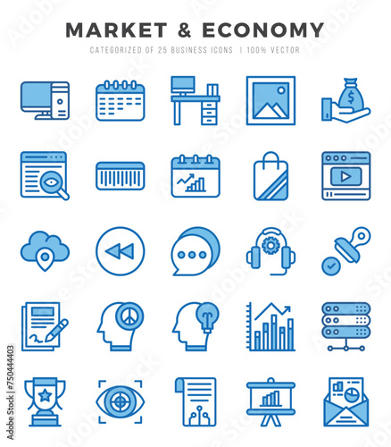 Market & Economy Icons Pack. Two Color icons set. Two Color icon collection set.