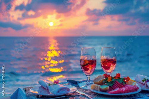 Summer love. Romantic sunset dinner on the beach. Table honeymoon set for two with luxurious food, glasses of rose wine drinks in a restaurant with sea view. Happy valentines day. 