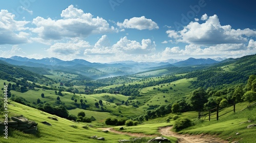 A scenic view of rolling hills with a country road
