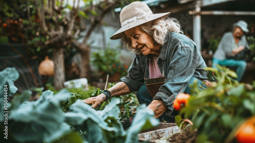 An elderly woman is actively tending to various plants in a garden, carefully watering, pruning, and caring for them