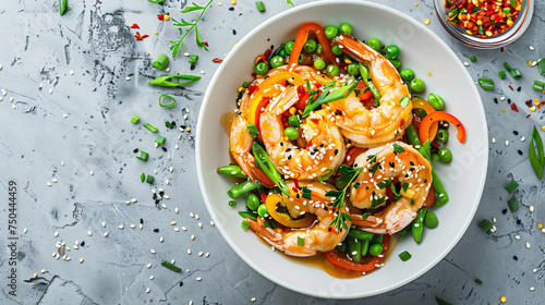 Stir fry with shrimps red and yellow paprika green pea