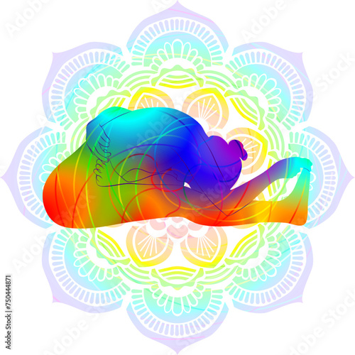 Colorful silhouette of yoga. Ardha Baddha Padma Paschimottanasana. Seated Half Bound Lotus Forward Bend pose. Isolated vector illustration