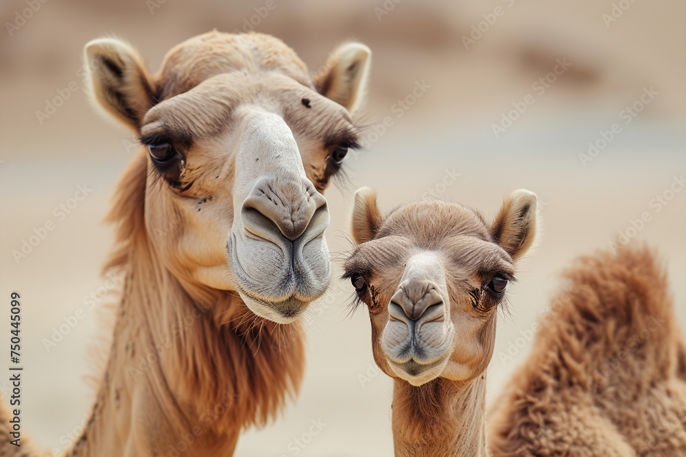 Mother dromedary looking at the camera with baby dromedary 