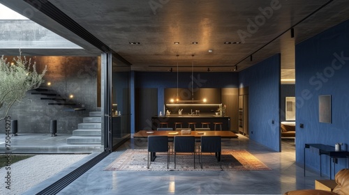 Large elegant kitchen-diner with luxurious blue walls, a modern table and chairs around, a glass wall opening onto an enclosed courtyard. Copy space.
