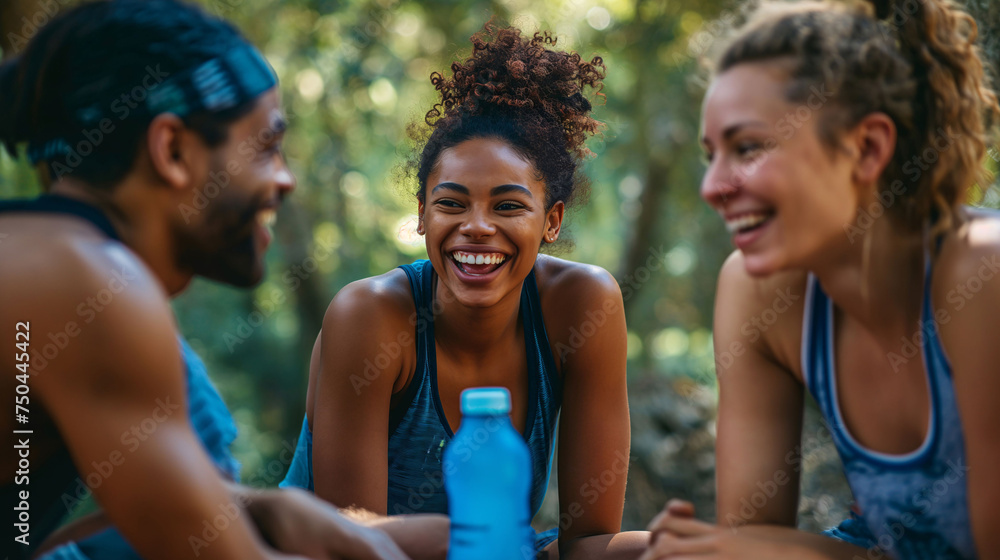 Group of friends laughing together during break in forest hike, friendship and active lifestyle. Group of friends laughing together during break in forest hike, friendship and active lifestyle.