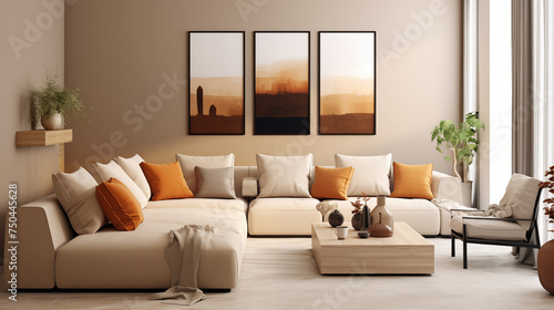 Ramka na obraz lub zdjęcie na ścianie - mockup. Wystrój wnętrza salonu minimalistycznego - dekoracja  © yeseyes9