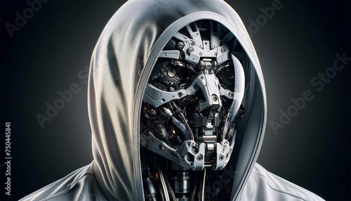 Robot head in profile close-up with hood. The robot features intricate metal parts, visible circuitry, and glowing eyes that convey a sense of advanced technology.