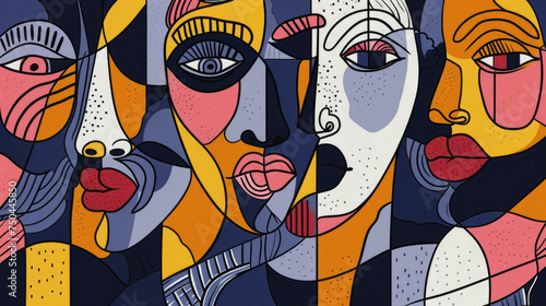 Artistic modern abstract cubism face in monochrome with bright patches of indigo, coral, chartreuse, gold rod, and lavender, retro colors. Illustration for creative design © boxstock production