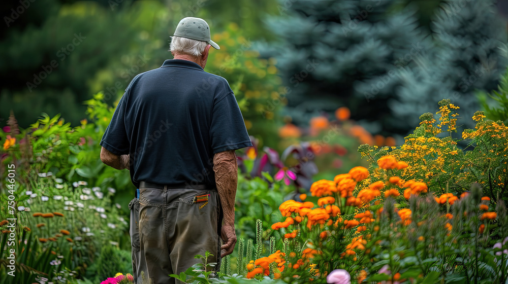 Elderly man strolling through a garden filled with vibrant flowers in bloom on a sunny day